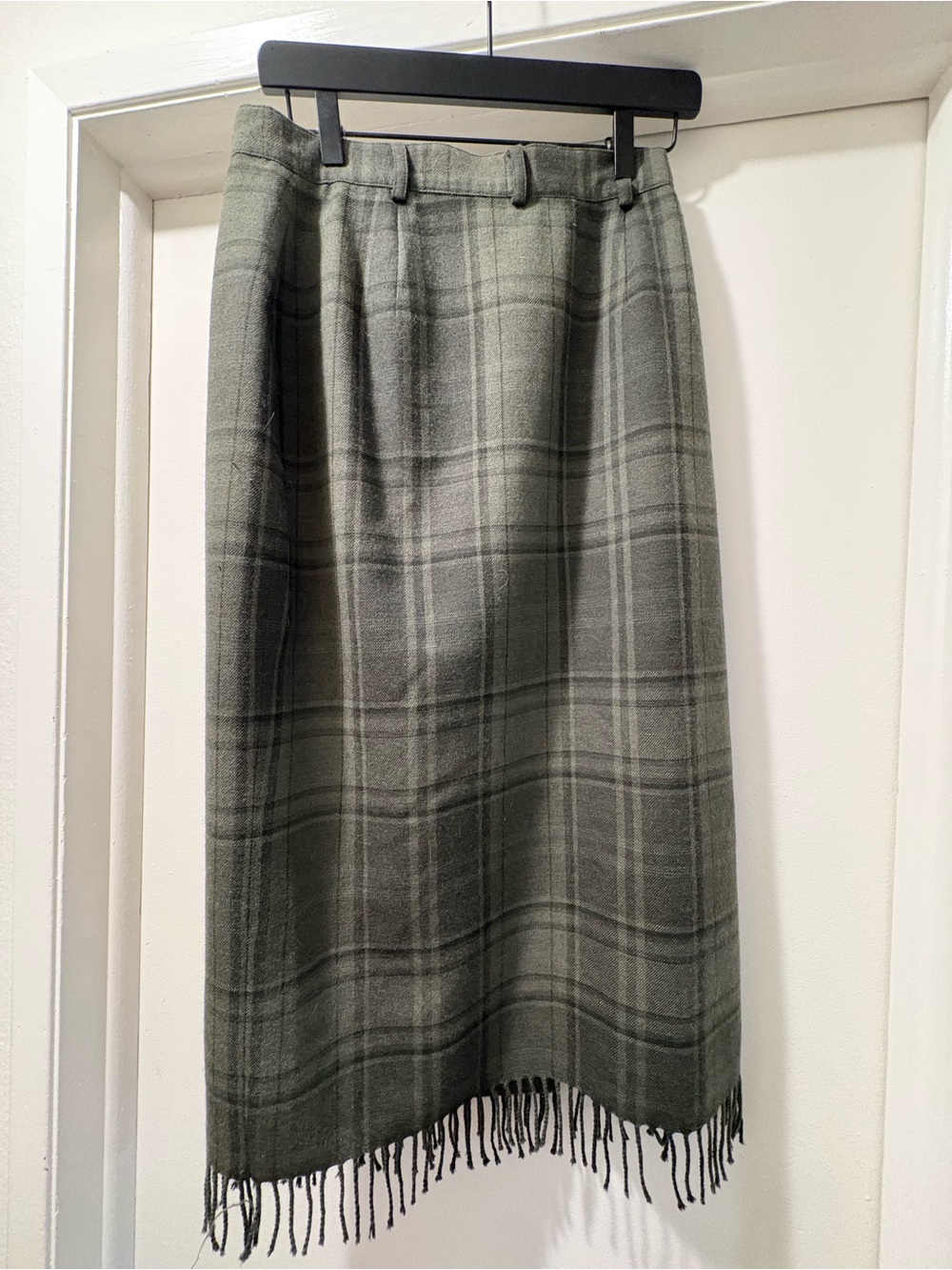 Lauren Ralph Lauren Olive Green Plaid Fringe Midi Skirt
